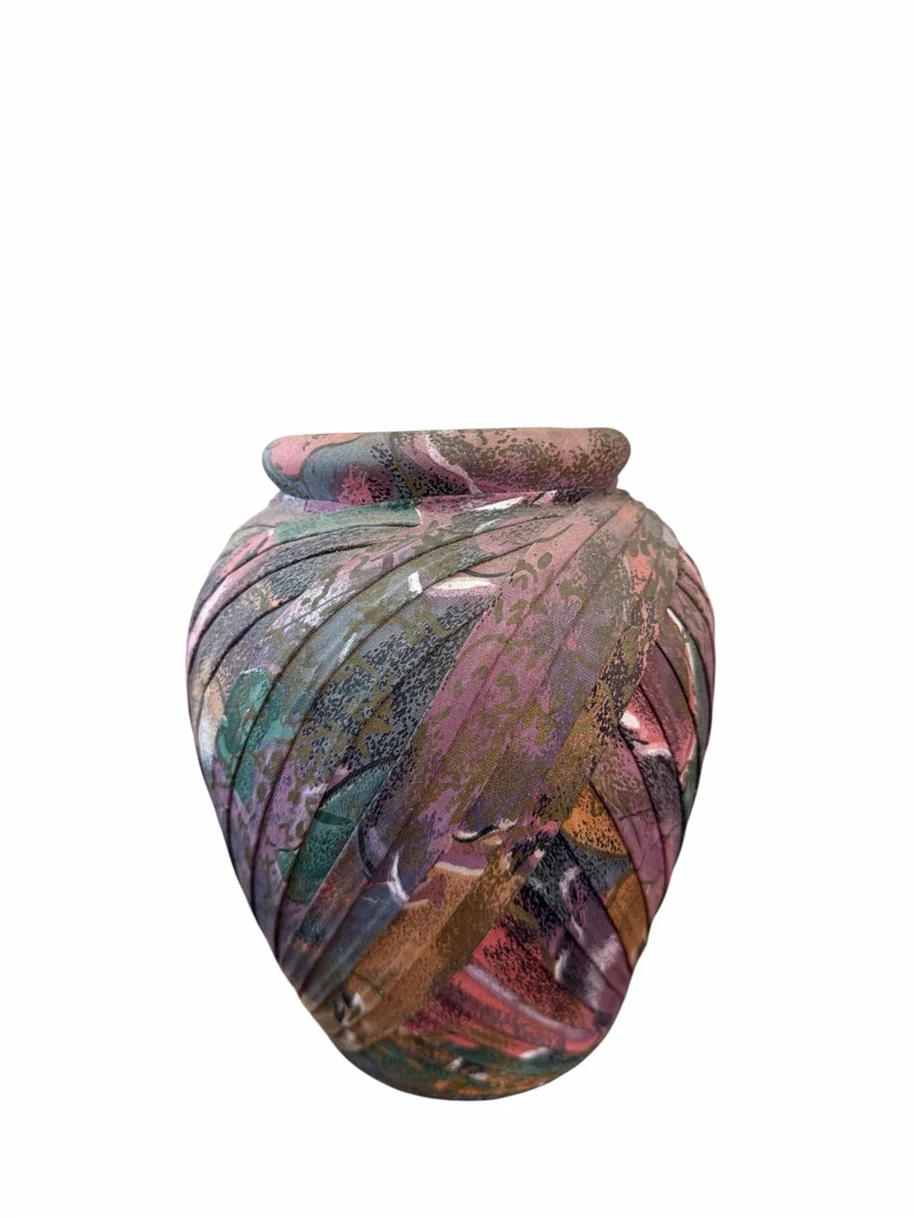 Vintage Handmade Fabric Wrapped Vase Boho Abstract Textile Art Planter Décor
